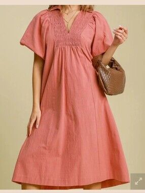 Umgee Dusty Rose Smocked Yoke Midi Dress